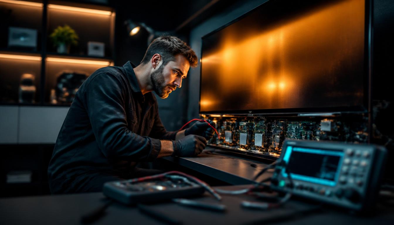 Certified technician repairing a television in a modern workshop